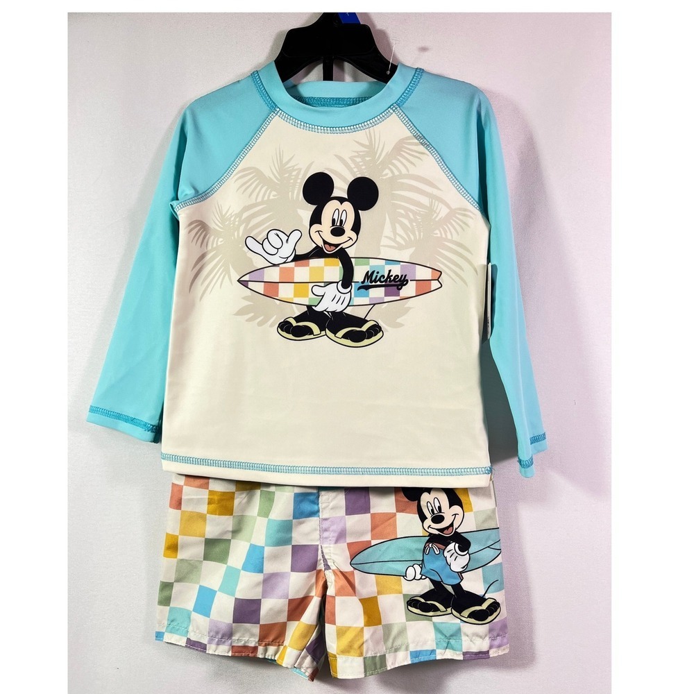 Disney Mickey Mouse Kids 2T Blue Checkerboard Rash Guard Swim Trunks Set 2PC